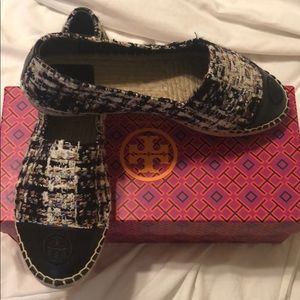 Tory Burch striped tweed/kappa leather espadrille